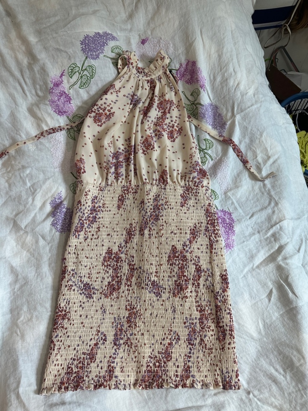 MINKPINK Floral Halter Tie Dress in Cream, Mauve and Dusty Rose